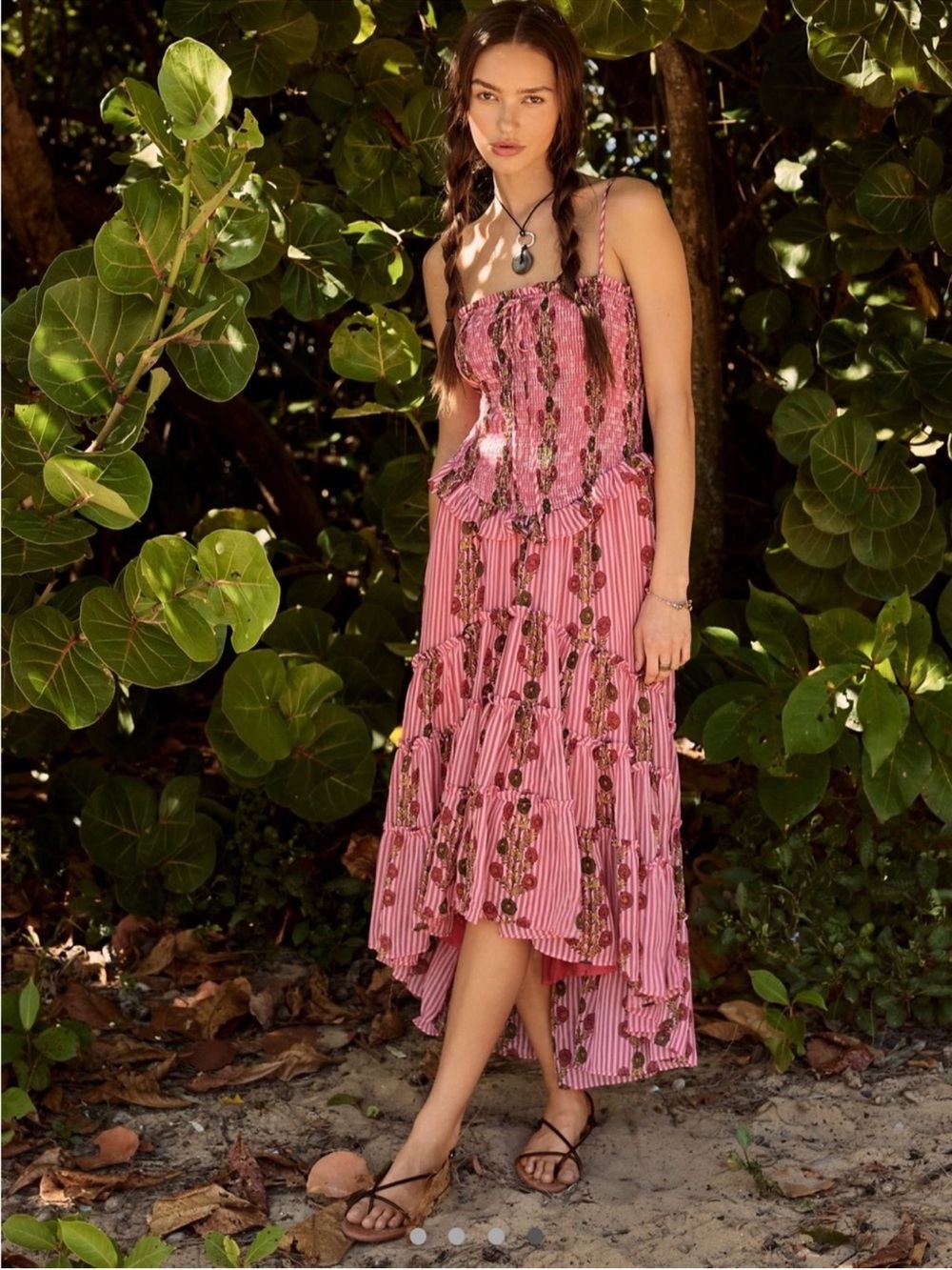 Free People High-Low Pink Floral Striped Smocked Sundress - Picture 2 of 3